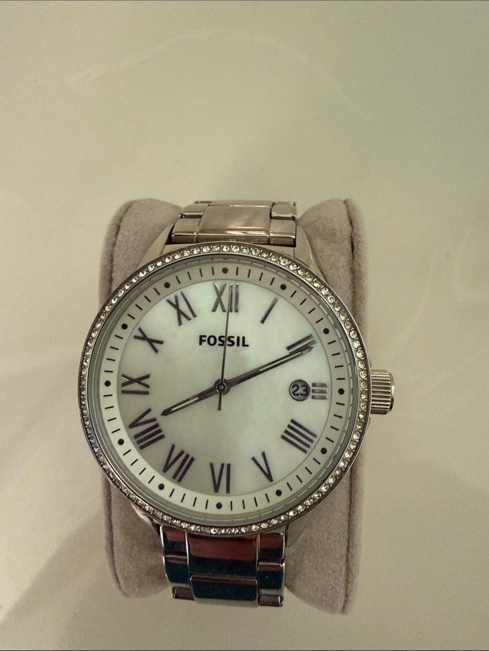 Fossil Silver-Tone Women's Crystal Bezel Watch with Mother-of-Pearl Dial